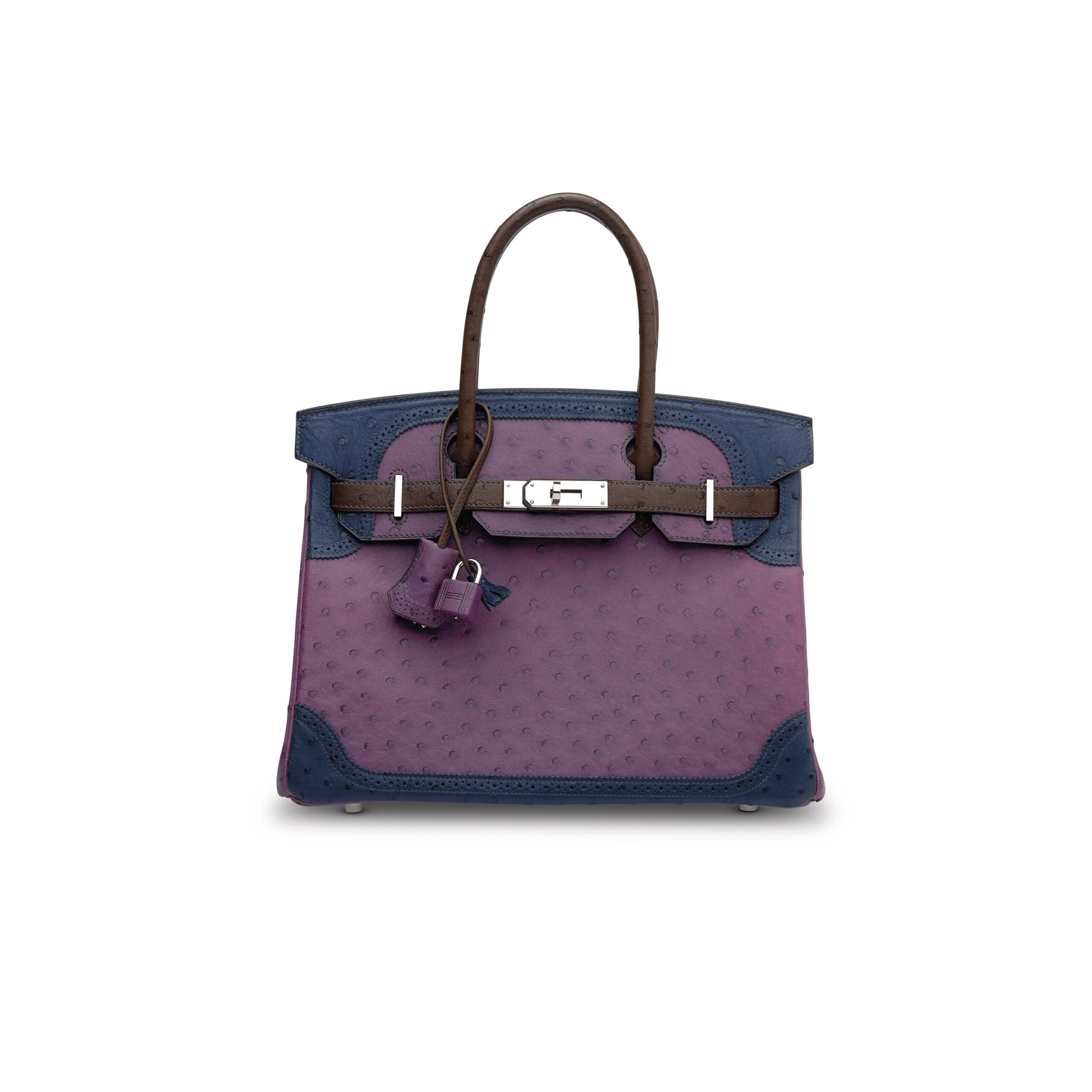 A LIMITED EDITION VIOLET, BLEU DE MALTE & CHOCOLAT OSTRICH GHILLIES BIRKIN 30 WITH PALLADIUM HARDWARE 1 A LIMITED EDITION VIOLET, BLEU DE MALTE & CHOCOLAT OSTRICH GHILLIES BIRKIN 30 WITH PALLADIUM HARDWARE