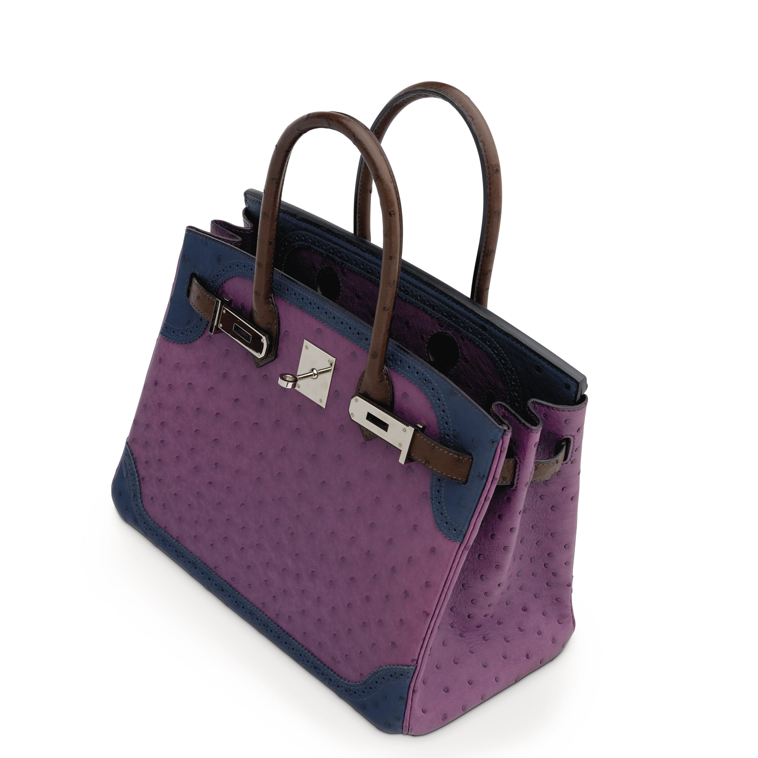 A LIMITED EDITION VIOLET, BLEU DE MALTE & CHOCOLAT OSTRICH GHILLIES BIRKIN 30 WITH PALLADIUM HARDWARE 6 A LIMITED EDITION VIOLET, BLEU DE MALTE & CHOCOLAT OSTRICH GHILLIES BIRKIN 30 WITH PALLADIUM HARDWARE - Image 6