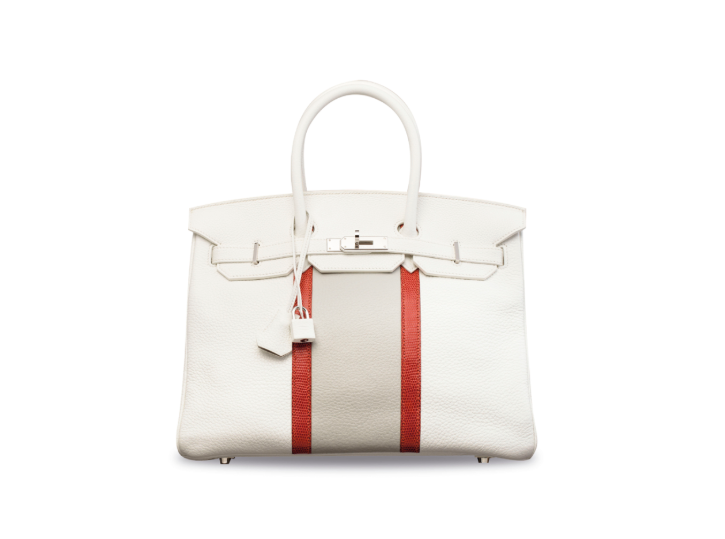 A LIMITED EDITION WHITE, GRIS PERLE & SANGUINE LIZARD CLUB BIRKIN 35 WITH PALLADIUM HARDWARE 1 A LIMITED EDITION WHITE, GRIS PERLE & SANGUINE LIZARD CLUB BIRKIN 35 WITH PALLADIUM HARDWARE