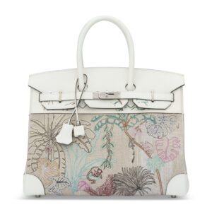 A LIMITED EDITION WHITE SWIFT LEATHER & EMBROIDERED CANVAS FAUBOURG TROPICAL BIRKIN 35 WITH PALLADIUM HARDWARE