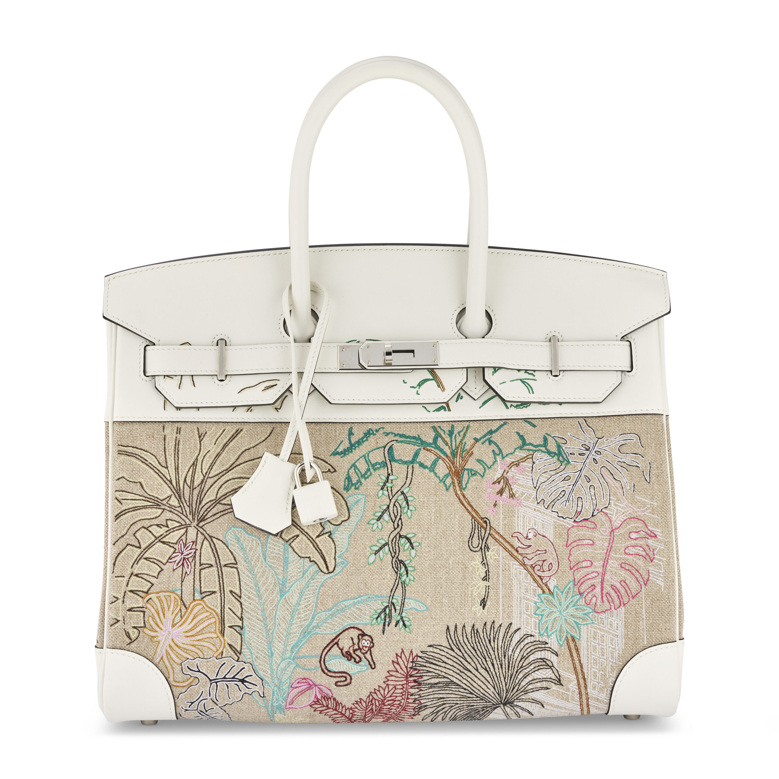 A RARE LIMITED EDITION WHITE SWIFT LEATHER & EMBROIDERY TOILE DE CAMP FAUBOURG TROPICAL BIRKIN 35 WITH PALLADIUM HARDWARE 1 A RARE LIMITED EDITION WHITE SWIFT LEATHER & EMBROIDERY TOILE DE CAMP FAUBOURG TROPICAL BIRKIN 35 WITH PALLADIUM HARDWARE