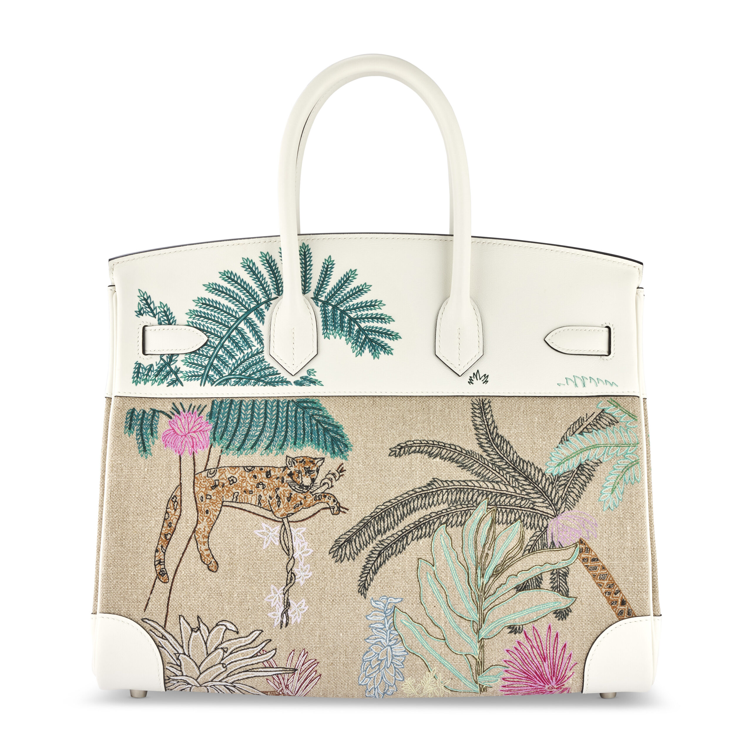 A RARE LIMITED EDITION WHITE SWIFT LEATHER & EMBROIDERY TOILE DE CAMP FAUBOURG TROPICAL BIRKIN 35 WITH PALLADIUM HARDWARE 4 A RARE LIMITED EDITION WHITE SWIFT LEATHER & EMBROIDERY TOILE DE CAMP FAUBOURG TROPICAL BIRKIN 35 WITH PALLADIUM HARDWARE - Image 4