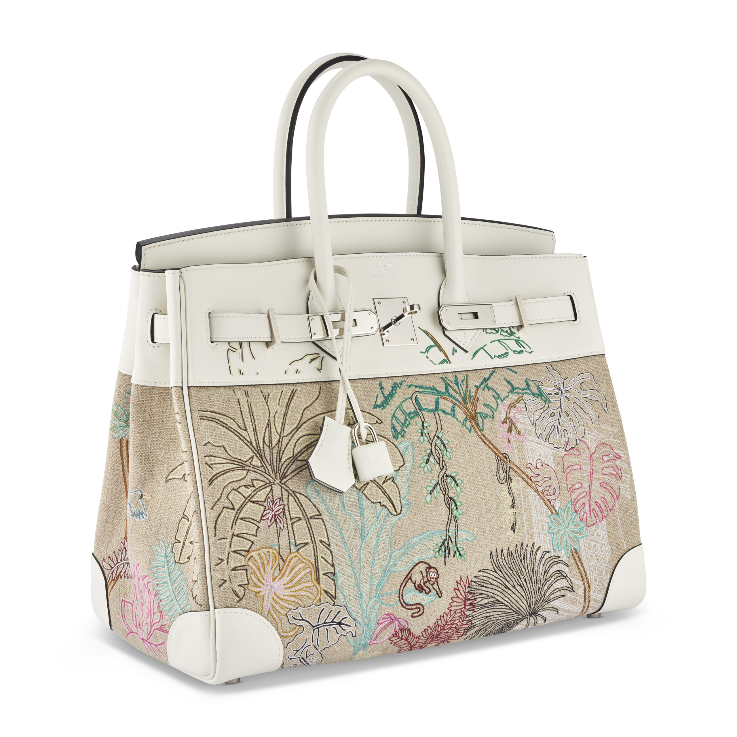 A RARE LIMITED EDITION WHITE SWIFT LEATHER & EMBROIDERY TOILE DE CAMP FAUBOURG TROPICAL BIRKIN 35 WITH PALLADIUM HARDWARE 2 A RARE LIMITED EDITION WHITE SWIFT LEATHER & EMBROIDERY TOILE DE CAMP FAUBOURG TROPICAL BIRKIN 35 WITH PALLADIUM HARDWARE - Image 2