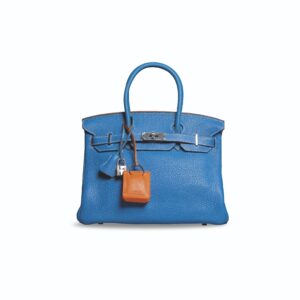A SET OF TWO: A LIMITED EDITION BLEU MYKONOS & WHITE CLÉMENCE LEATHER ECLAT BIRKIN 30 WITH PALLADIUM HARDWARE & A FEU MILO LEATHER ORANGE BAG