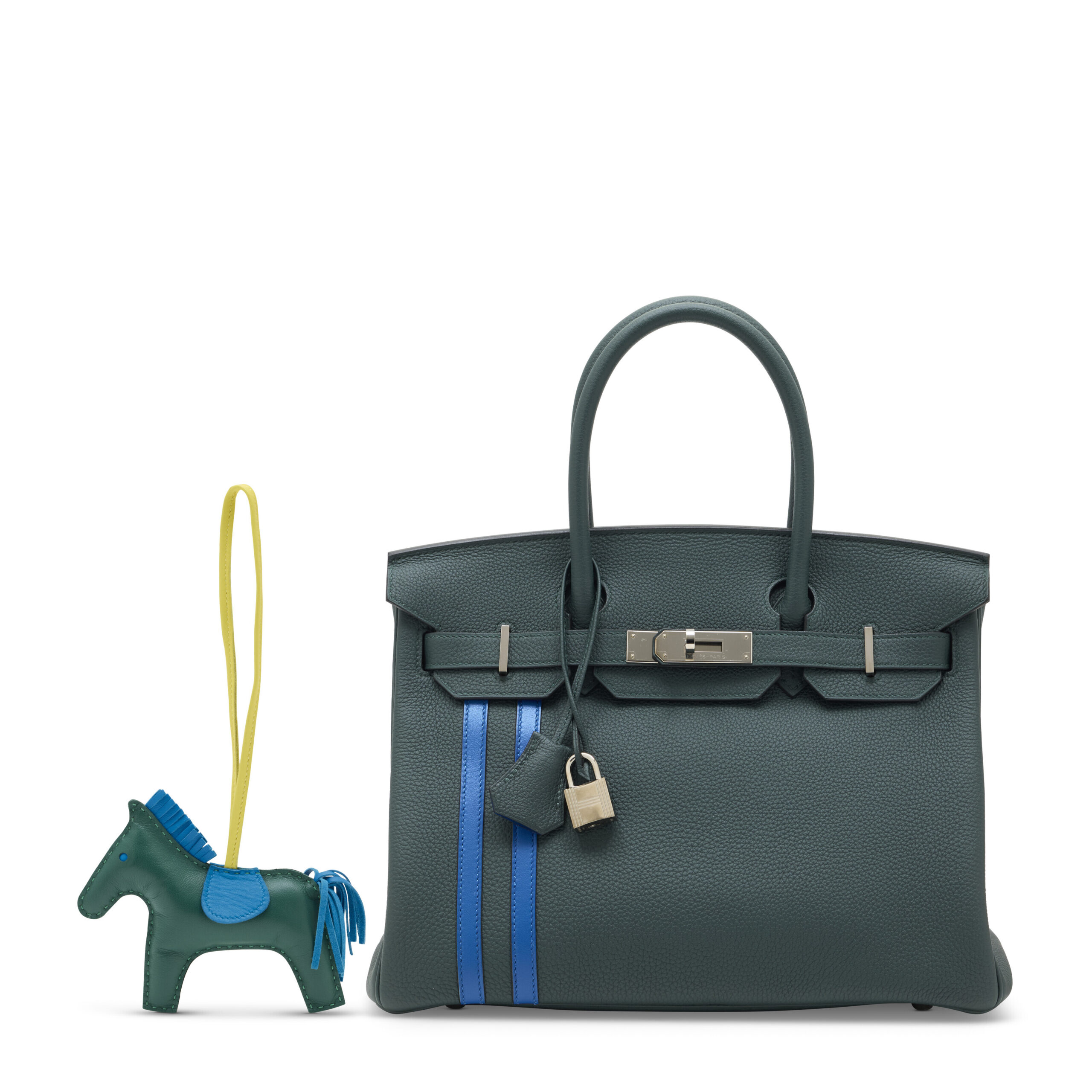A SET OF TWO: LIMITED EDITION VERT CYPRÈS & BLEU ZELLIGE TOGO LEATHER OFFICIER BIRKIN 30 WITH PALLADIUM HARDWARE & A RODÉO CHARM GM 1 A SET OF TWO LIMITED EDITION VERT CYPRÈS & BLEU ZELLIGE TOGO LEATHER OFFICIER BIRKIN 30 WITH PALLADIUM HARDWARE & A RODÉO CHARM GM