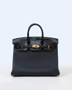 Birkin 25 Black in Togo Leather and Matte Alligator Touch with Gold Hardware