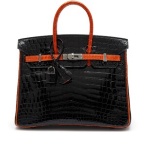 Black and Orange H Shiny Niloticus Crocodile Birkin 25 Palladium Hardware