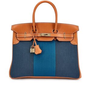 Fauve Barenia and Denim Fonce Toile Flag Birkin 35 Permabrass Hardware,