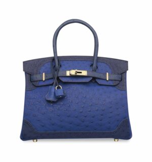 HERMÈS. A LIMITED EDITION BLEU SAPHIR, BLEU IRIS & BLEU DE MALTE OSTRICH GHILLIES BIRKIN 30 WITH PERMABRASS HARDWARE (4)