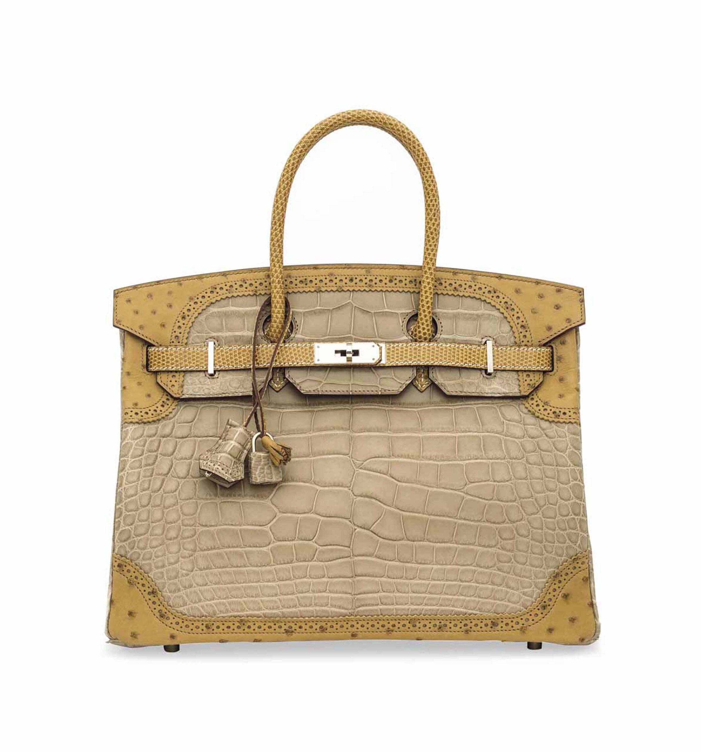HERMÈS. A LIMITED EDITION MATTE POUSSIÈRE ALLIGATOR, TABAC CAMEL OSTRICH & SÉSAME LIZARD GRAND MARIAGE BIRKIN 35 WITH PERMABRASS HARDWARE 4 HERMÈS. A LIMITED EDITION MATTE POUSSIÈRE ALLIGATOR, TABAC CAMEL OSTRICH & SÉSAME LIZARD GRAND MARIAGE BIRKIN 35 WITH PERMABRASS HARDWARE - Image 4