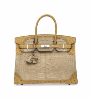 HERMÈS. A LIMITED EDITION MATTE POUSSIÈRE ALLIGATOR, TABAC CAMEL OSTRICH & SÉSAME LIZARD GRAND MARIAGE BIRKIN 35 WITH PERMABRASS HARDWARE