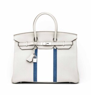HERMÈS. A LIMITED EDITION MYKONOS LIZARD, GRIS PERLE & WHITE CLEMENCE LEATHER CLUB BIRKIN 35 WITH PALLADIUM HARDWARE