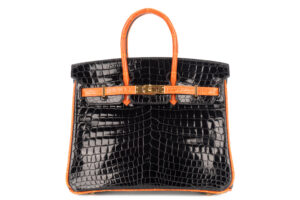Hermès Birkin 25 Shiny Crocodile Noir/ Black Orange H Gold Hardware