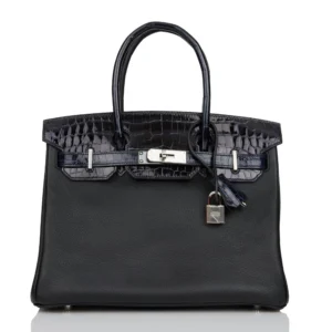 Hermès Birkin 30 Bleu Marine Shiny Niloticus Crocodile and Black Novillo Touch Palladium Hardware