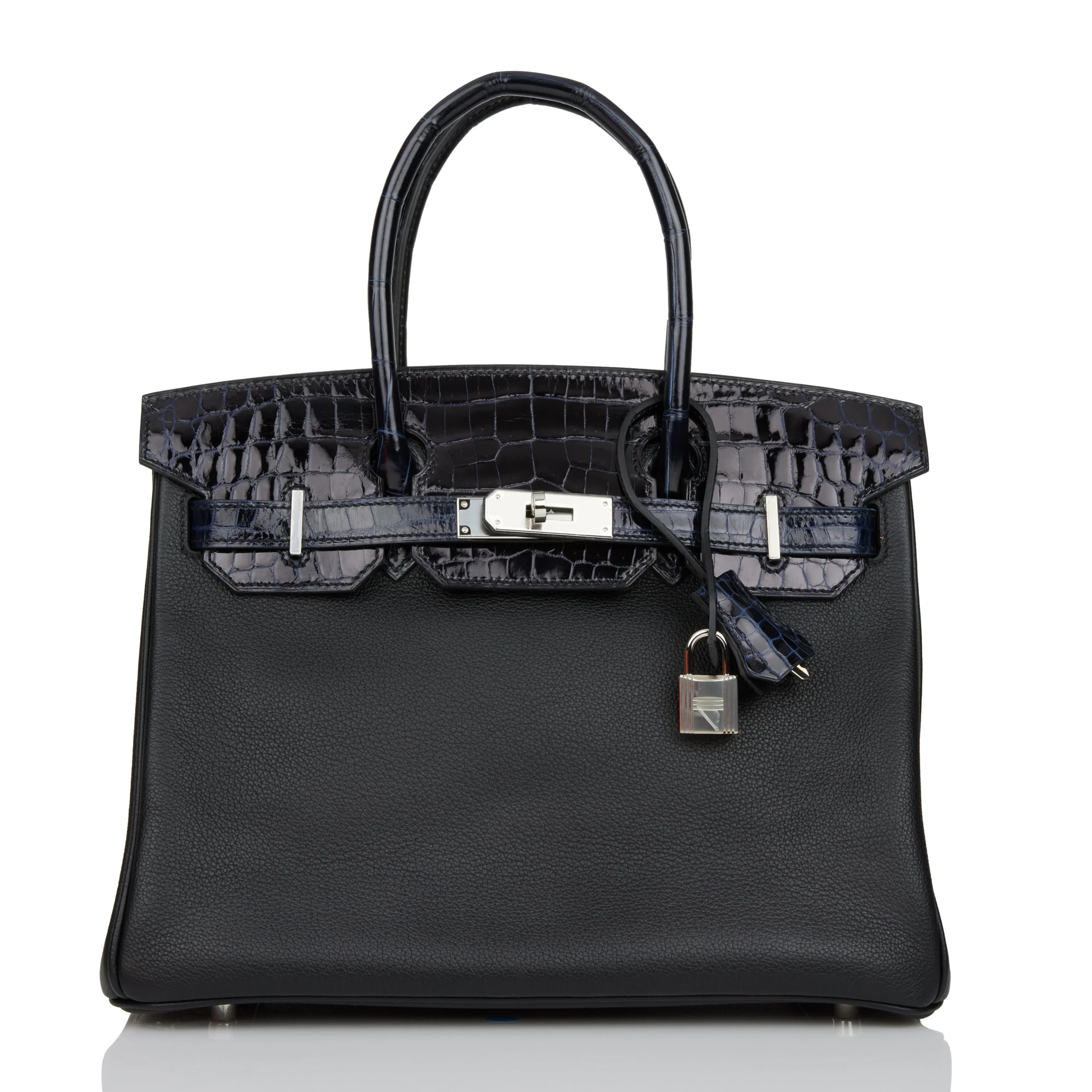 Hermès Birkin 30 Bleu Marine Shiny Niloticus Crocodile and Black Novillo Touch Palladium Hardware 1 Hermès Birkin 30 Bleu Marine Shiny Niloticus Crocodile and Black Novillo Touch Palladium Hardware