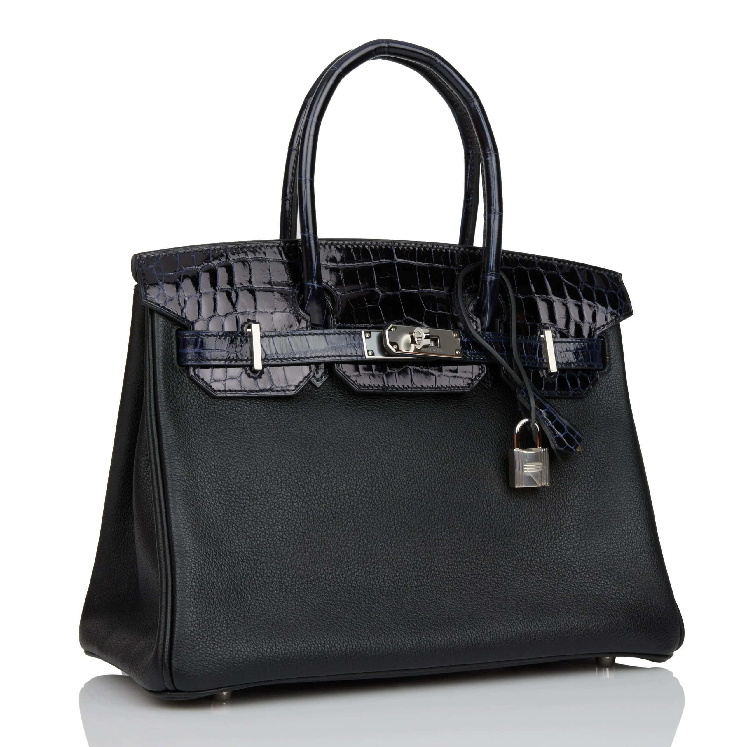 Hermès Birkin 30 Bleu Marine Shiny Niloticus Crocodile and Black Novillo Touch Palladium Hardware 3 Hermès Birkin 30 Bleu Marine Shiny Niloticus Crocodile and Black Novillo Touch Palladium Hardware - Image 3