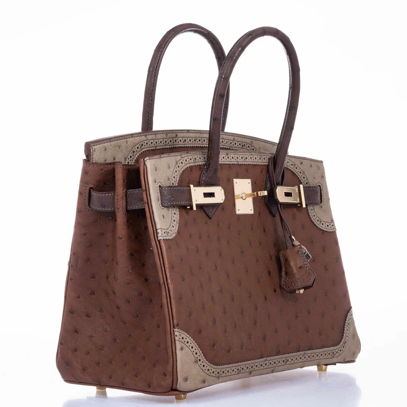 Hermès Birkin 30 Ghillies Marron Fonce, Etrusque, Mousse Ostrich Champagne Gold Hardware 3 Hermès Birkin 30 Ghillies Marron Fonce, Etrusque, Mousse Ostrich Champagne Gold Hardware - Image 3
