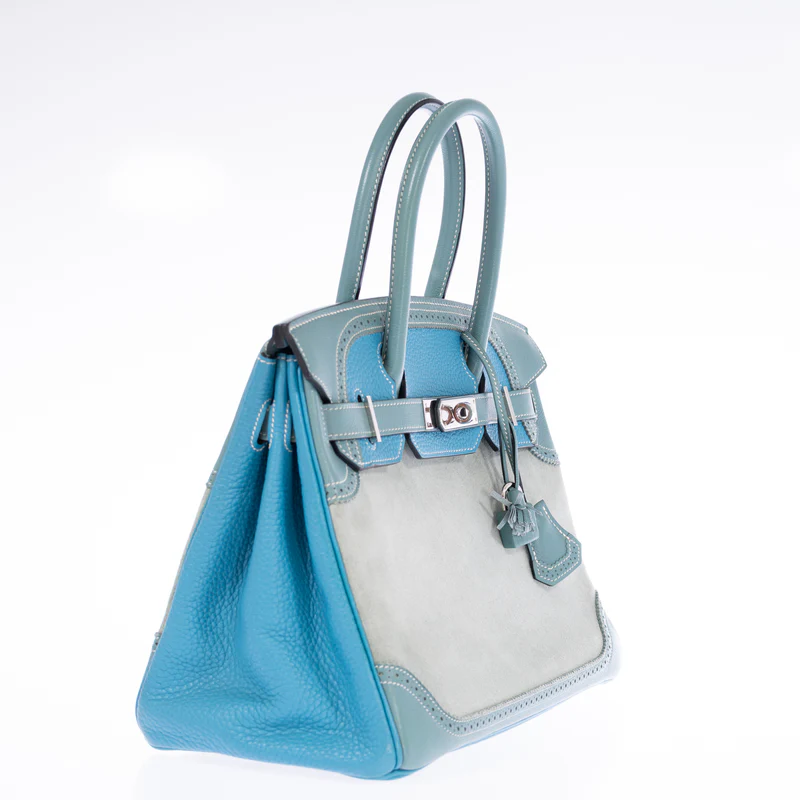 Hermès Birkin 30 Grizzly Ghillies Gris Perle Doblis, Ciel Evercolor & Turquoise Clémence Palladium Hardware 3 Hermès Birkin 30 Grizzly Ghillies Gris Perle Doblis, Ciel Evercolor & Turquoise Clémence Palladium Hardware - Image 3