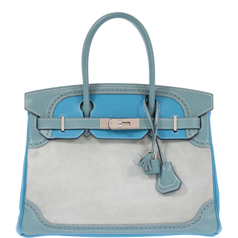 Hermès Birkin 30 Grizzly Ghillies Gris Perle Doblis, Ciel Evercolor & Turquoise Clémence Palladium Hardware 1 Hermès Birkin 30 Grizzly Ghillies Gris Perle Doblis, Ciel Evercolor & Turquoise Clémence Palladium Hardware