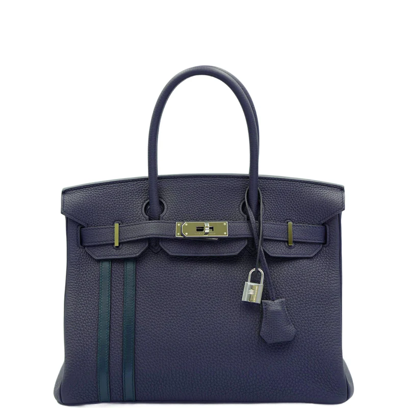 A SET OF TWO: LIMITED EDITION VERT CYPRÈS & BLEU ZELLIGE TOGO LEATHER OFFICIER BIRKIN 30 WITH PALLADIUM HARDWARE & A RODÉO CHARM GM 1 Hermès Birkin 30 Officier Bleu Nuit and Vert Cypress Togo Palladium Hardware