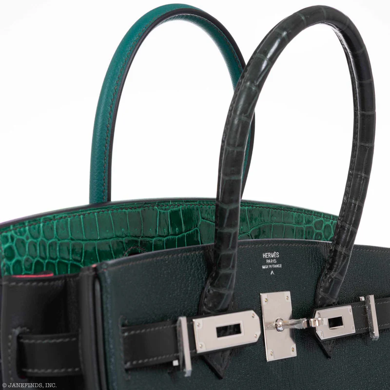Hermès Birkin 30 Vert Emerald Porosus Crocodile, Vert Titien and Rose Azalée Patchwork Palladium Hardware 3 Hermès Birkin 30 Vert Emerald Porosus Crocodile, Vert Titien and Rose Azalée Patchwork Palladium Hardware - Image 3