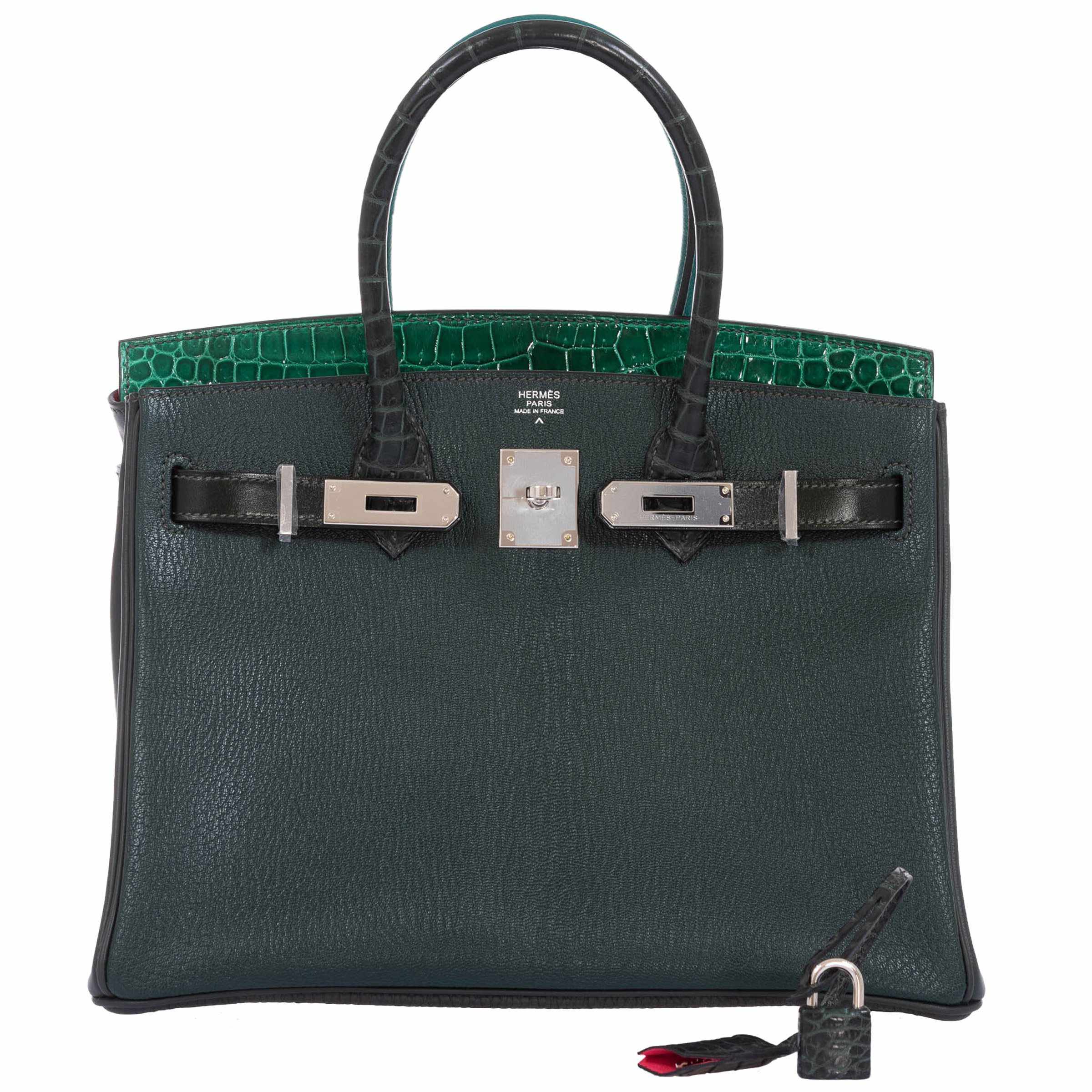 Hermès Birkin 30 Vert Emerald Porosus Crocodile, Vert Titien and Rose Azalée Patchwork Palladium Hardware 2 Hermès Birkin 30 Vert Emerald Porosus Crocodile, Vert Titien and Rose Azalée Patchwork Palladium Hardware - Image 2