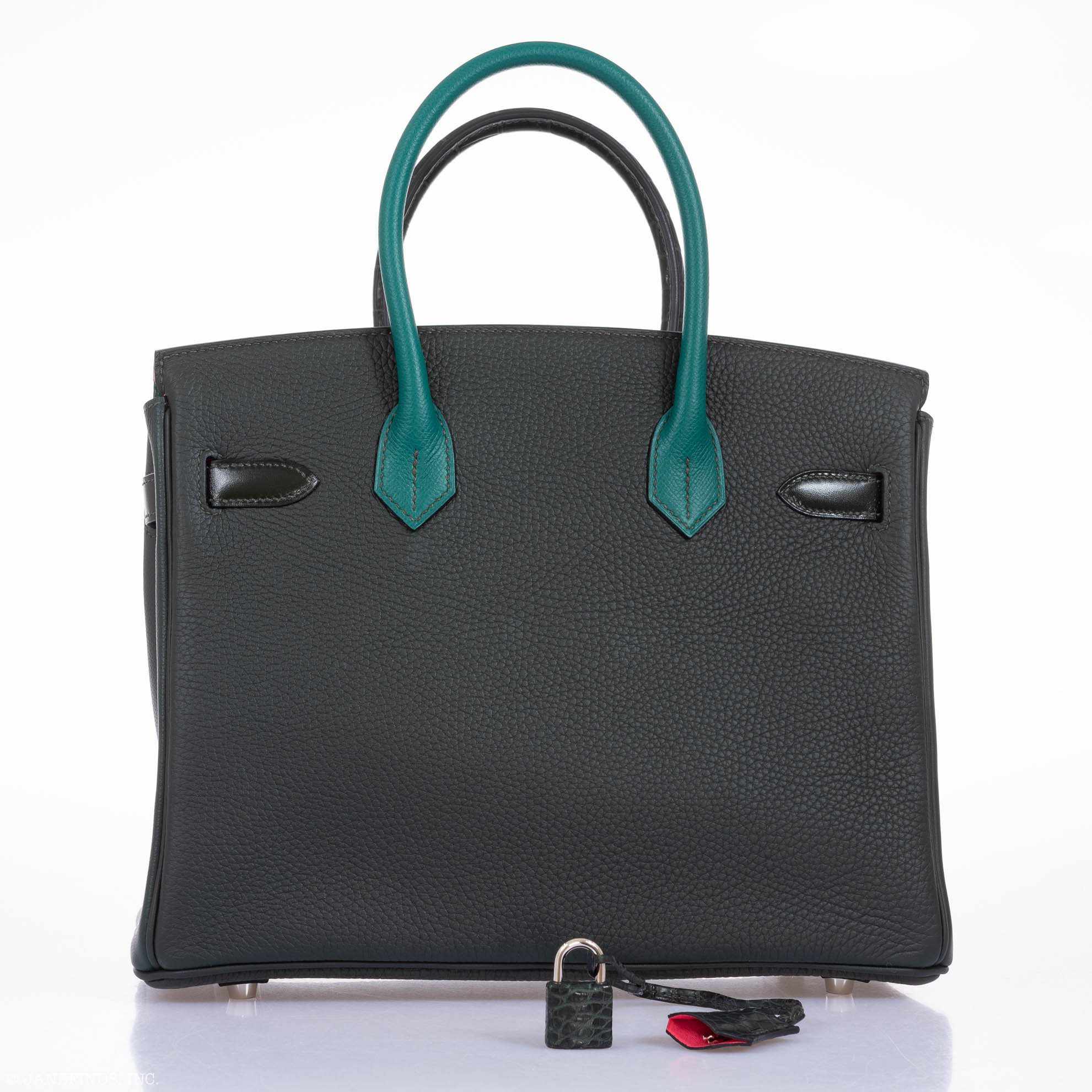 Hermès Birkin 30 Vert Emerald Porosus Crocodile, Vert Titien and Rose Azalée Patchwork Palladium Hardware 4 Hermès Birkin 30 Vert Emerald Porosus Crocodile, Vert Titien and Rose Azalée Patchwork Palladium Hardware - Image 4