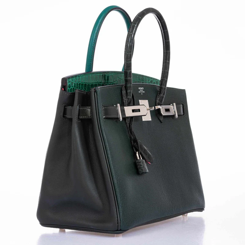 Hermès Birkin 30 Vert Emerald Porosus Crocodile, Vert Titien and Rose Azalée Patchwork Palladium Hardware 3 Hermès Birkin 30 Vert Emerald Porosus Crocodile, Vert Titien and Rose Azalée Patchwork Palladium Hardware - Image 3
