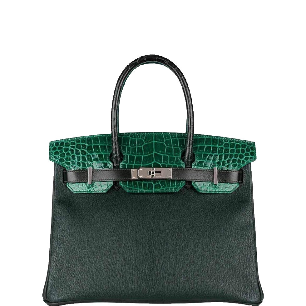 Hermès Birkin 30 Vert Emerald Porosus Crocodile, Vert Titien and Rose Azalée Patchwork Palladium Hardware 1 Hermès Birkin 30 Vert Emerald Porosus Crocodile, Vert Titien and Rose Azalée Patchwork Palladium Hardware