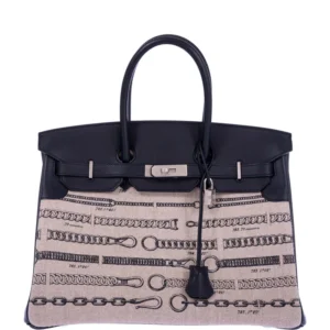 Hermès Birkin 35 De Camp Dechainee Toile And Black Veau Swift Palladium Hardware