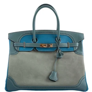 Hermès Birkin 35 Grizzly Ghillies Ciel/Turquoise Veau Doblis/Clémence/Evercolor Palladium Hardware