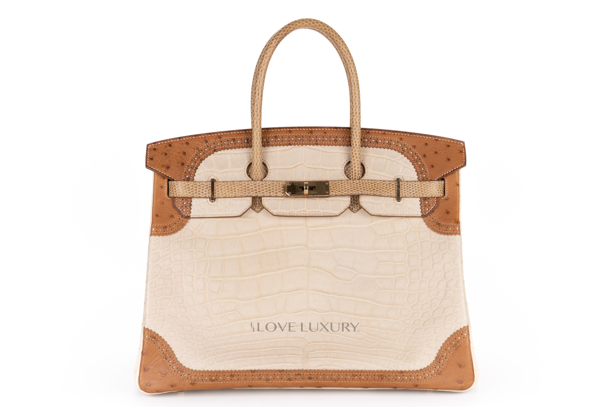 Hermès Birkin 35 Tri-Exotic Ghilies Beton Matte croc / Alezan Ostrich / Ficelle Lizard Permabrass hardware 1 Hermès Birkin 35 Tri-Exotic Ghilies Beton Matte croc / Alezan Ostrich / Ficelle Lizard Permabrass hardware