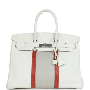 Hermès Birkin Club 35 White and Gris Perle Clemence and Sanguine Lizard Palladium Hardware (3)