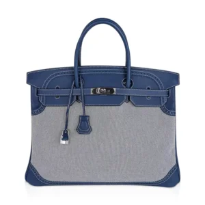 Hermes Birkin Limited Edition 40 Ghillies Bag Blue de Prusse Blue Toile with Palladium Hardware
