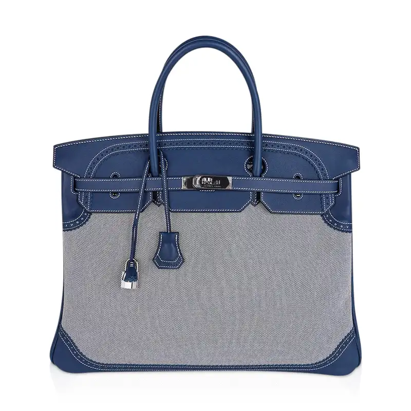 Hermes Birkin Limited Edition 40 Ghillies Bag Blue de Prusse Blue Toile with Palladium Hardware 1 Hermes Birkin Limited Edition 40 Ghillies Bag Blue de Prusse Blue Toile with Palladium Hardware