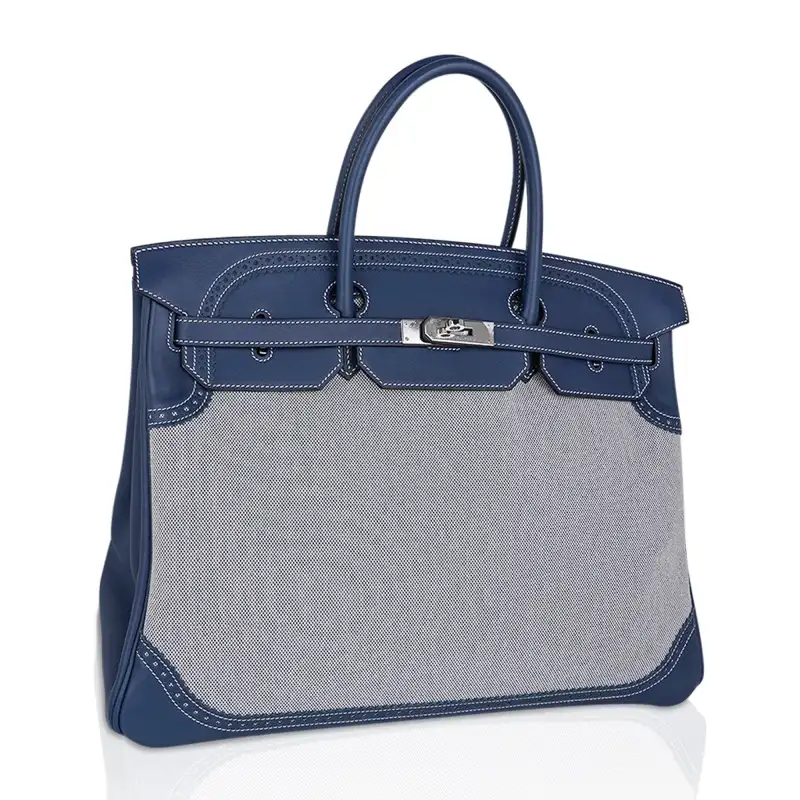 Hermes Birkin Limited Edition 40 Ghillies Bag Blue de Prusse Blue Toile with Palladium Hardware 3 Hermes Birkin Limited Edition 40 Ghillies Bag Blue de Prusse Blue Toile with Palladium Hardware - Image 3