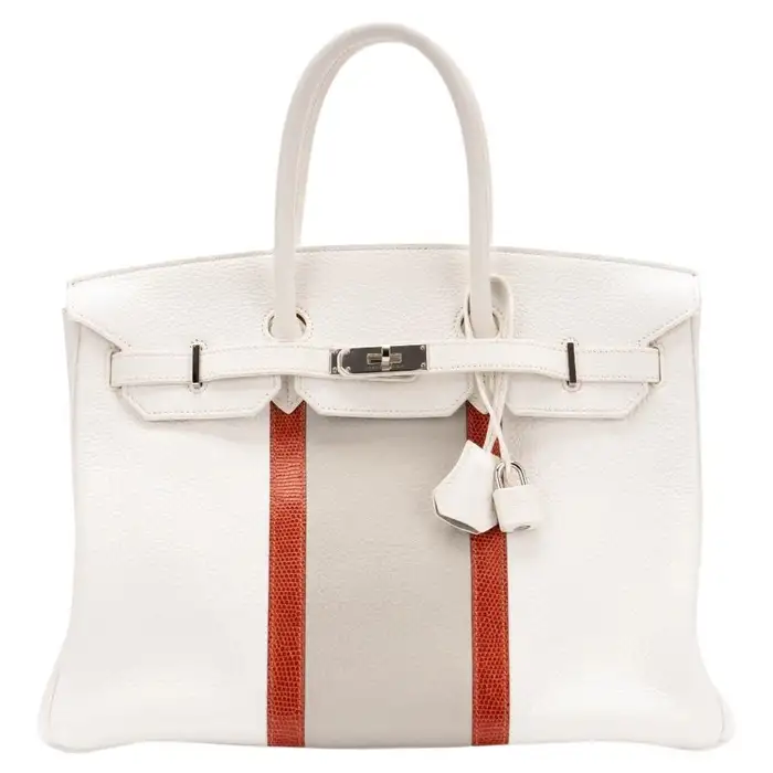 Hermes Club Birkin 35 White with Sanguine Lizard stripes and Gris Perle Clemence 1 Hermes Club Birkin 35 White with Sanguine Lizard stripes and Gris Perle Clemence