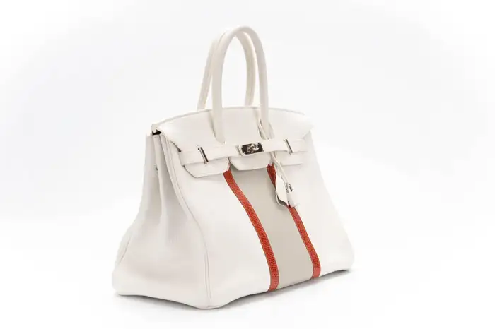 Hermes Club Birkin 35 White with Sanguine Lizard stripes and Gris Perle Clemence 4 Hermes Club Birkin 35 White with Sanguine Lizard stripes and Gris Perle Clemence - Image 4
