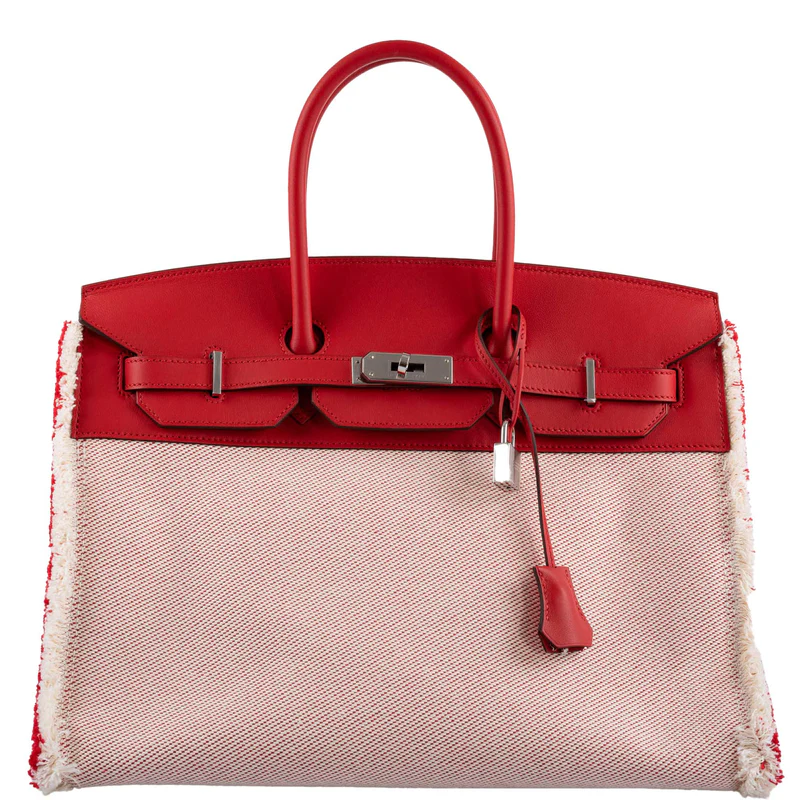 Hermès Fray Fray Birkin 35 Rouge de Cour Swift & Toile H with Palladium Hardware - 2021, Z 1 Hermès Fray Fray Birkin 35 Rouge de Cour Swift & Toile H with Palladium Hardware - 2021, Z