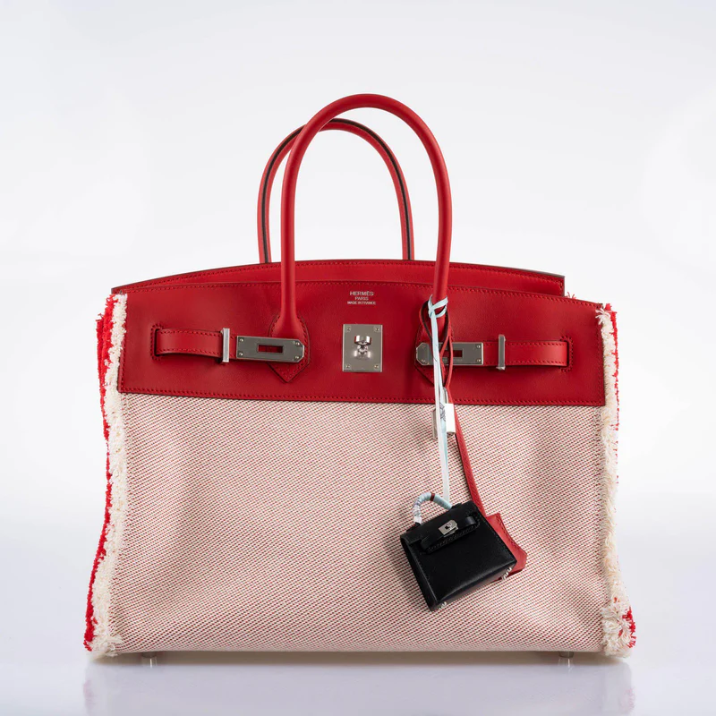 Hermès Fray Fray Birkin 35 Rouge de Cour Swift & Toile H with Palladium Hardware - 2021, Z 4 Hermès Fray Fray Birkin 35 Rouge de Cour Swift & Toile H with Palladium Hardware - 2021, Z - Image 4