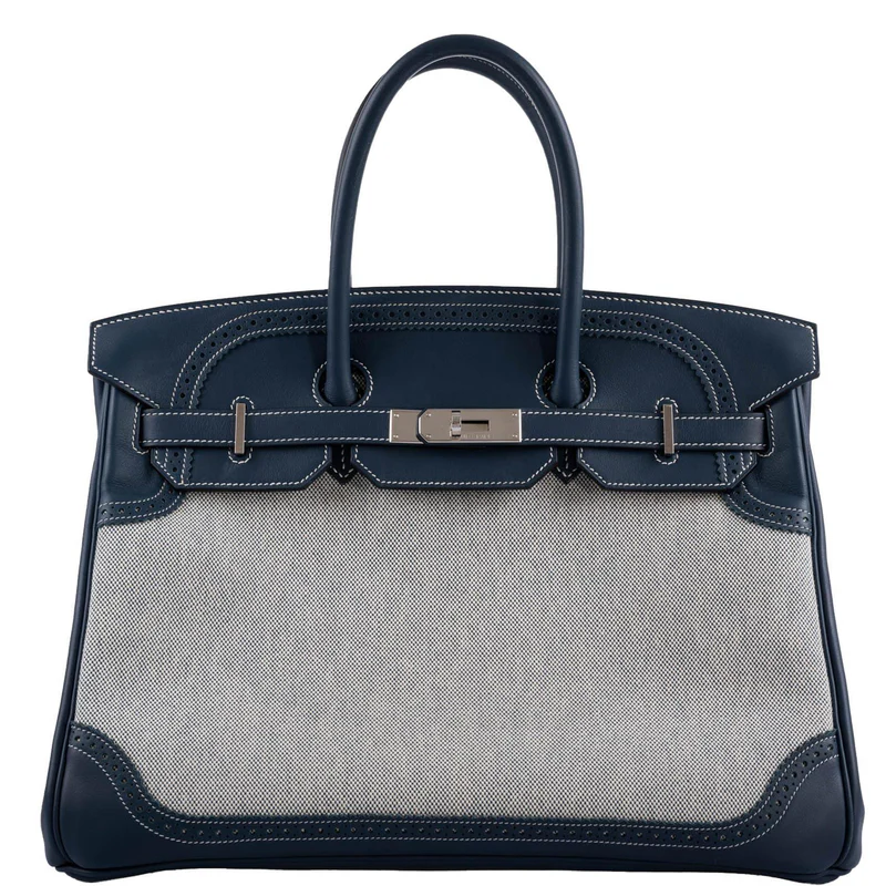 Hermès Ghillies Birkin 35 Blue de Prusse Swift & Toile with Palladium Hardware 4 Hermès Ghillies Birkin 35 Blue de Prusse Swift & Toile with Palladium Hardware - Image 4