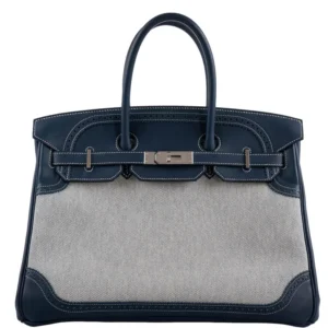 Hermès Ghillies Birkin 35 Blue de Prusse Swift & Toile with Palladium Hardware