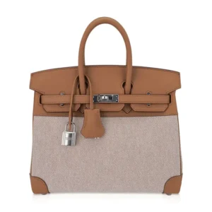 Hermes Limited Edition Birkin 25 Bag in Biscuit Swift Leather & Ecru Toile H with Palladium Hardware