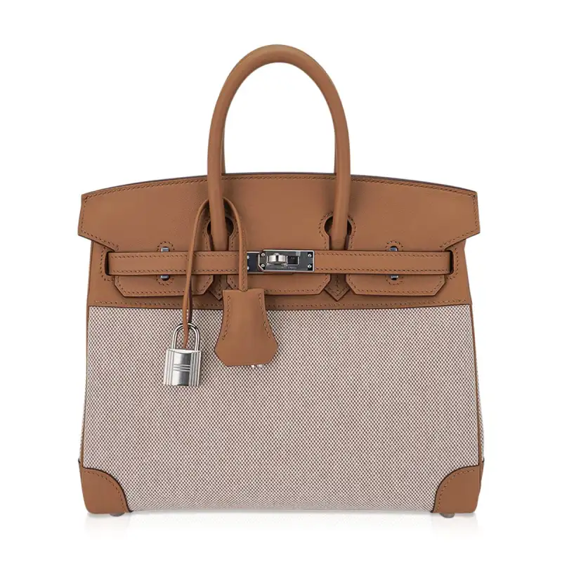 Hermes Limited Edition Birkin 25 Bag in Biscuit Swift Leather & Ecru Toile H with Palladium Hardware 1 Hermes Limited Edition Birkin 25 Bag in Biscuit Swift Leather & Ecru Toile H with Palladium Hardware