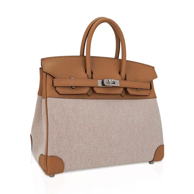 Hermes Limited Edition Birkin 25 Bag in Biscuit Swift Leather & Ecru Toile H with Palladium Hardware 3 Hermes Limited Edition Birkin 25 Bag in Biscuit Swift Leather & Ecru Toile H with Palladium Hardware - Image 3