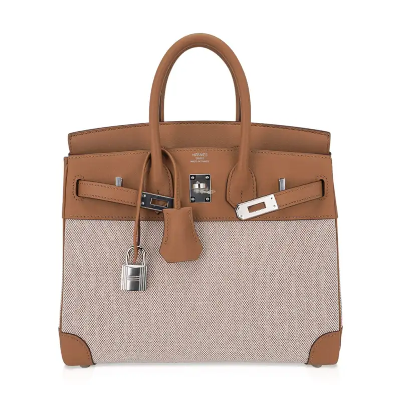 Hermes Limited Edition Birkin 25 Bag in Biscuit Swift Leather & Ecru Toile H with Palladium Hardware 4 Hermes Limited Edition Birkin 25 Bag in Biscuit Swift Leather & Ecru Toile H with Palladium Hardware - Image 4