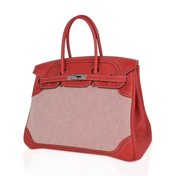 A LIMITED EDITION SANGUINE SWIFT LEATHER & TOILE GHILLIES BIRKIN 35 WITH PALLADIUM HARDWARE 3 A LIMITED EDITION SANGUINE SWIFT LEATHER & TOILE GHILLIES BIRKIN 35 WITH PALLADIUM HARDWARE - Image 3
