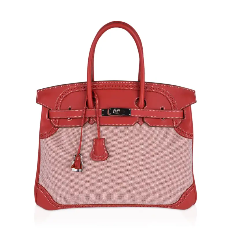 A LIMITED EDITION SANGUINE SWIFT LEATHER & TOILE GHILLIES BIRKIN 35 WITH PALLADIUM HARDWARE 4 A LIMITED EDITION SANGUINE SWIFT LEATHER & TOILE GHILLIES BIRKIN 35 WITH PALLADIUM HARDWARE - Image 4