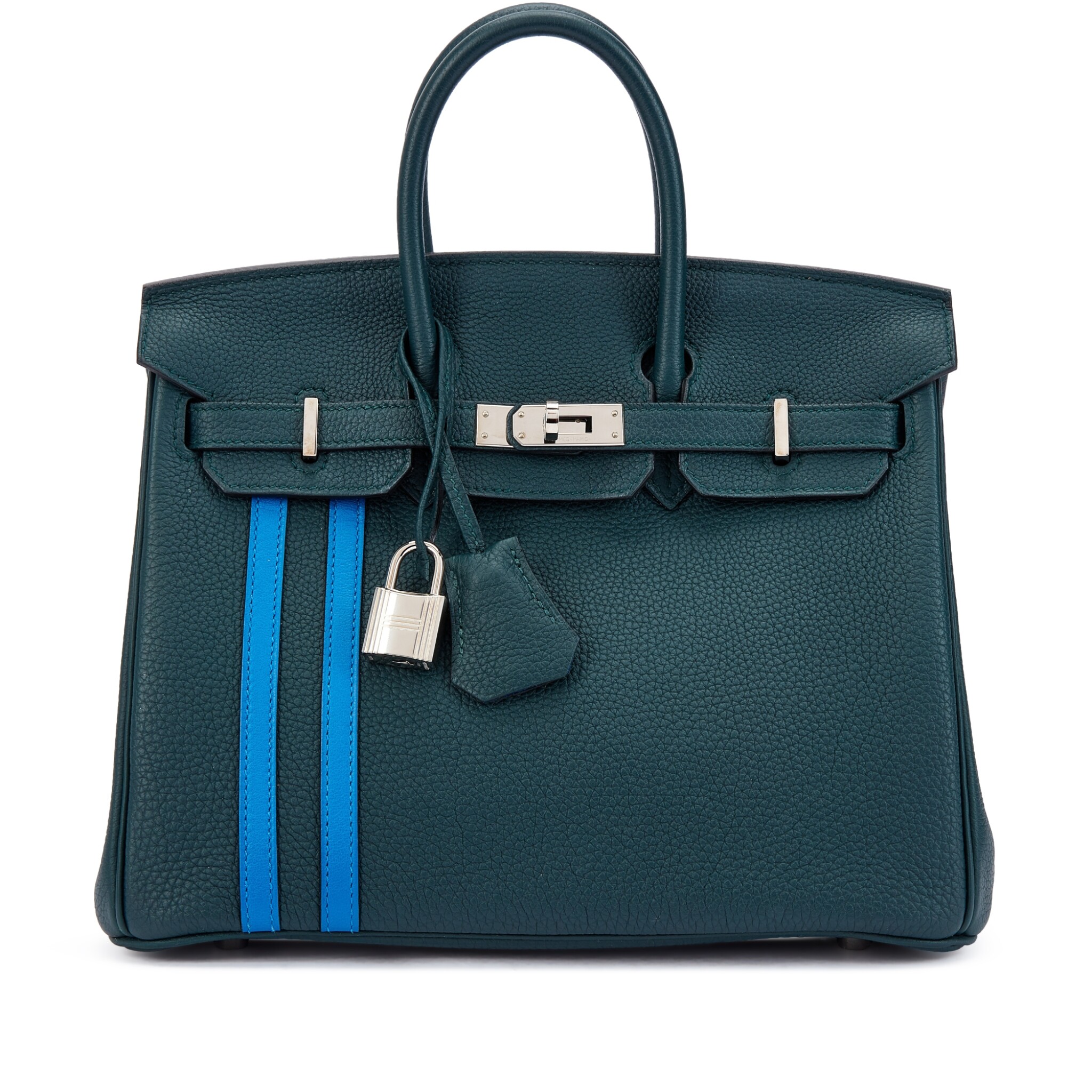 Limited Edition Vert Cypres Togo and Bleu Zellige Swift Officier Birkin 25 Palladium Hardware, 1 Limited Edition Vert Cypres Togo and Bleu Zellige Swift Officier Birkin 25 Palladium Hardware,