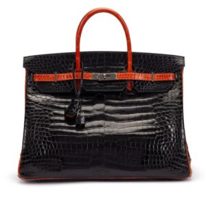 Shiny Black and Orange H Porosus Crocodile Birkin 40 Ruthenium Hardware